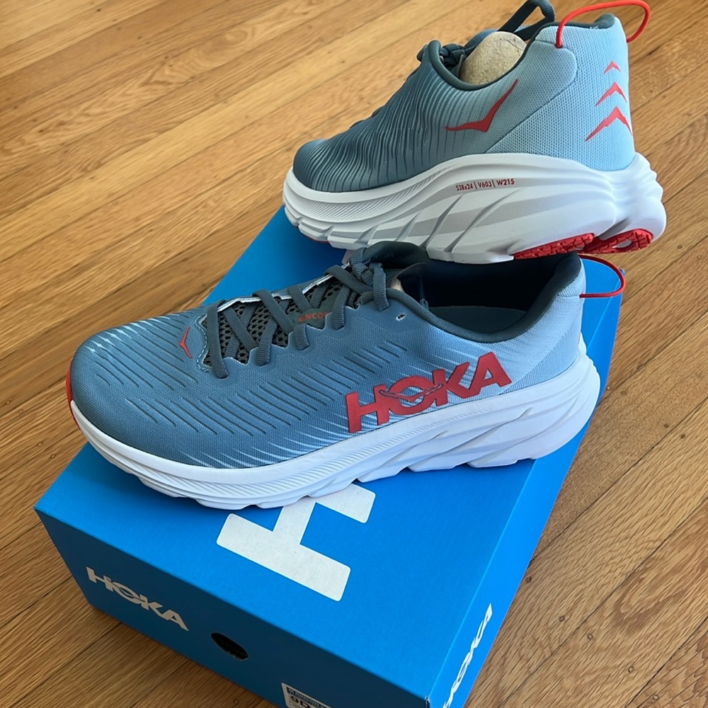 Brand new HOKA Rincon 3 Men Sneaker, size 9D, blue with orange accents
